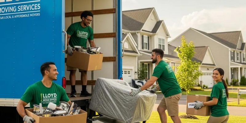 Friendly moving team loading a truck with boxes and furniture in a suburban neighborhood, representing affordable and professional moving services in Lloyd, NY.