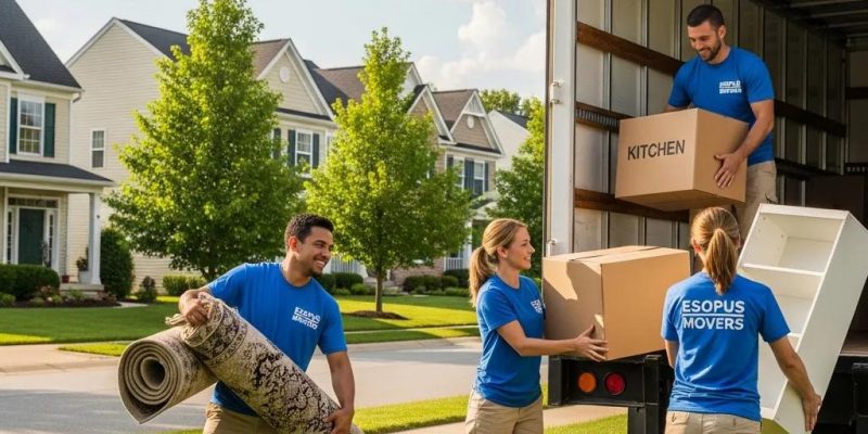 Friendly moving team loading a truck with boxes and a rolled rug in a suburban neighborhood, representing stress-free relocation services in Esopus, NY.