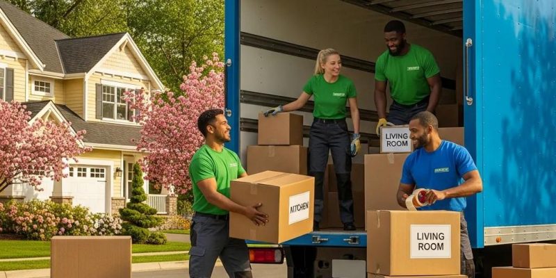 Friendly moving team packing boxes labeled "Kitchen" and "Living Room" into a blue truck in a suburban neighborhood with blooming trees.