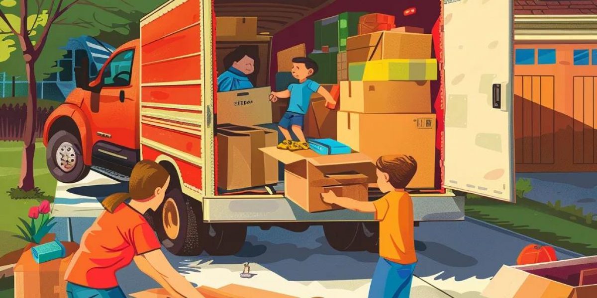 Family members loading boxes into a moving truck, illustrating the process of relocation with affordable moving services.