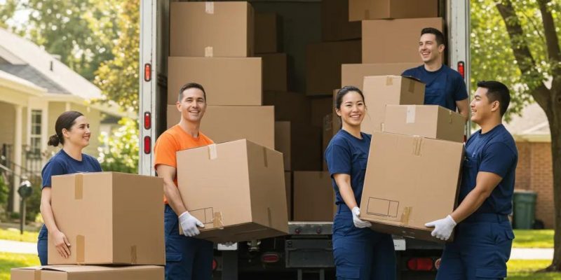 Local moving team lifting boxes into a truck in a sunny neighborhood