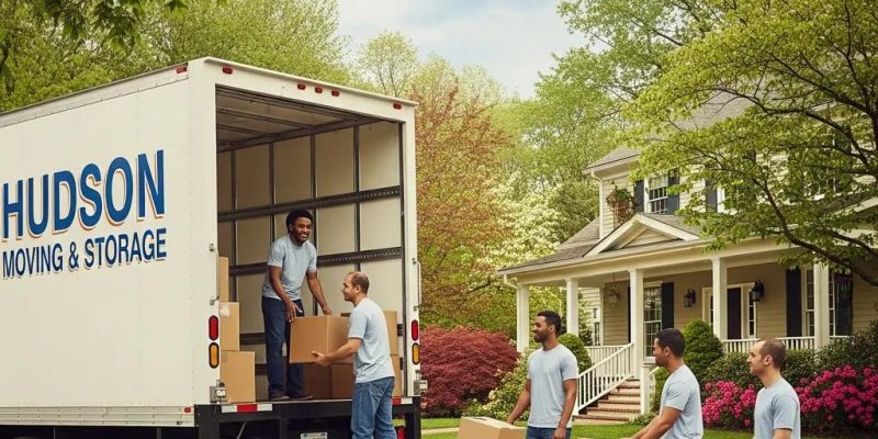 Moving truck in Hudson Valley with crew unloading boxes
