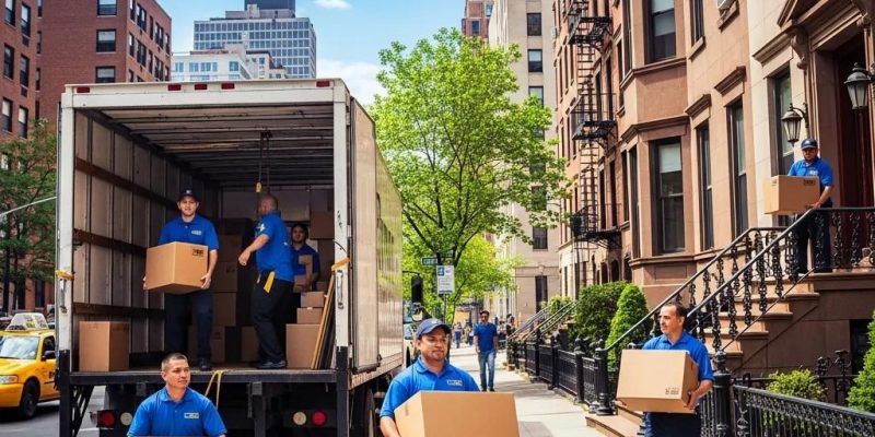 Professional movers in blue shirts handling boxes outside a moving truck in New York City, representing reliable moving services by Always Moving NY.