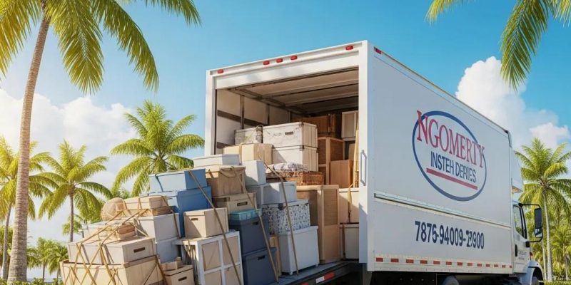 Moving truck loaded with household items against a sunny Florida backdrop, symbolizing long-distance relocation from Hudson Valley to Florida, featuring palm trees and a clear blue sky.