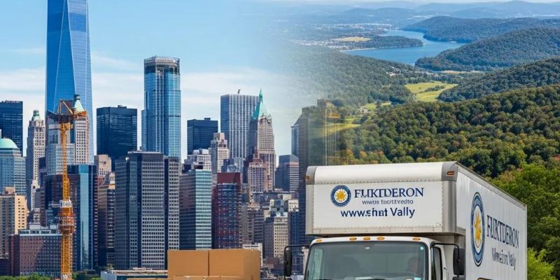 Moving truck transitioning from NYC skyline to Hudson Valley landscape, symbolizing relocation services by 845 Move Now.