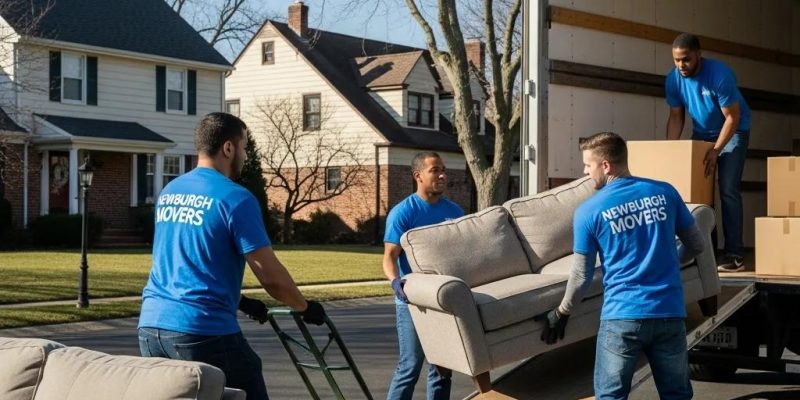 Professional movers in Newburgh, NY loading furniture into a truck, showcasing teamwork and local moving services.