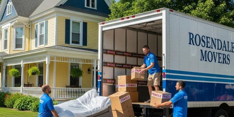 Professional movers loading a truck in front of a house in Rosendale NY