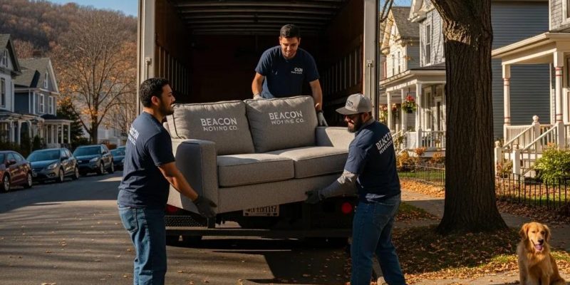 Three professional movers loading a sofa into a moving truck in a Beacon, NY neighborhood, representing local moving services by 845 Move Now.