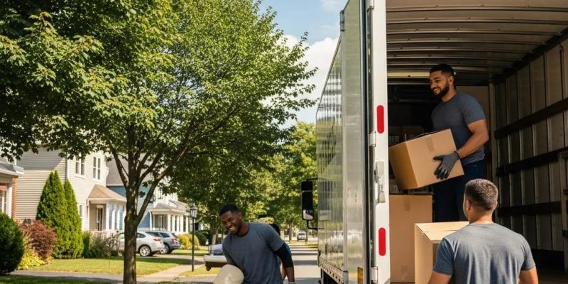 Professional movers loading boxes into a moving truck in a residential neighborhood in Gardiner, NY, showcasing reliable moving services by 845 Move Now.