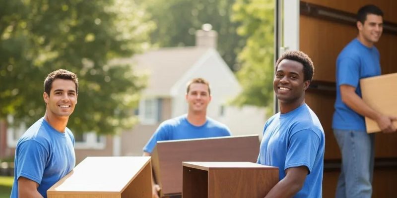 Professional movers loading furniture into a truck in a suburban Fishkill neighborhood