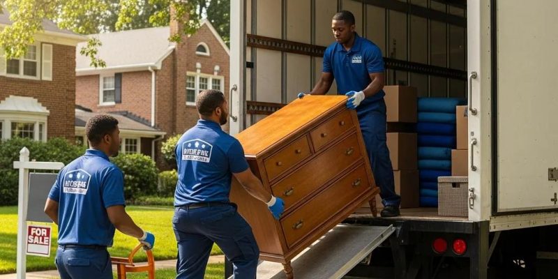 Professional movers loading furniture into a truck in a suburban Hyde Park neighborhood