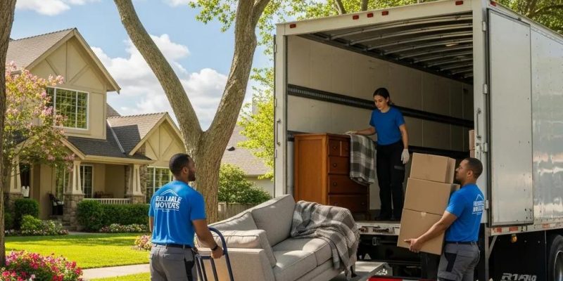 Professional movers loading furniture into a truck in a suburban neighborhood, representing reliable moving services by 845 Move Now in Clintondale, NY.