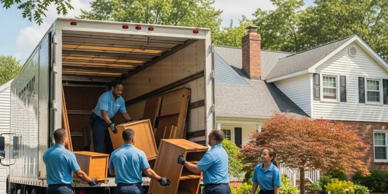 Professional movers loading furniture into a truck in a suburban neighborhood, showcasing local moving services in Marlboro, NY.