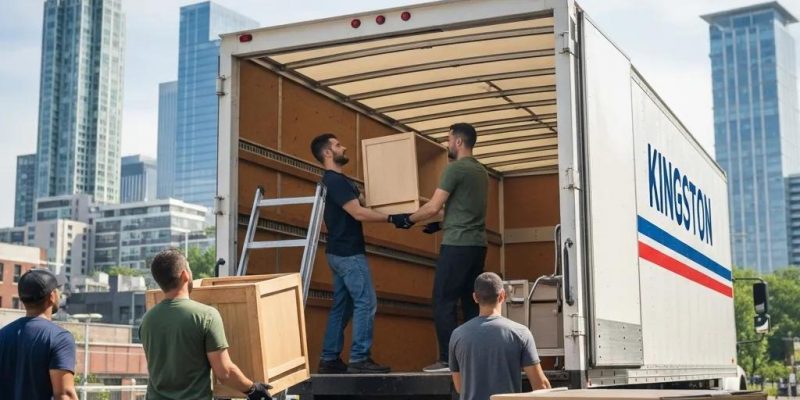Professional movers loading furniture into a truck in Kingston, NY, showcasing teamwork and local expertise for stress-free relocations.