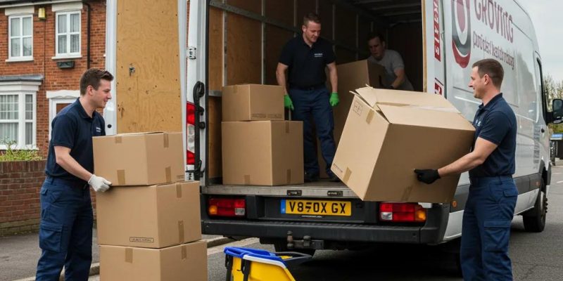 Professional movers loading furniture into a van in a residential UK area, showcasing hourly local moving services