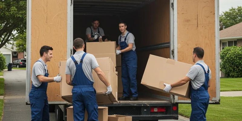 Professional movers loading cardboard boxes into a moving truck, representing flat-rate local moving services by 845 Move Now.