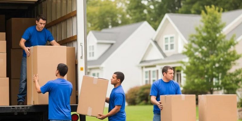 Professional movers in blue shirts loading cardboard boxes into a moving truck in a residential area, representing local moving services in Wappingers Falls, NY.