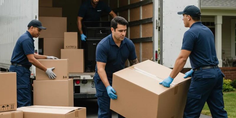 Professional movers packing and loading items into a truck for expedited long distance moving services