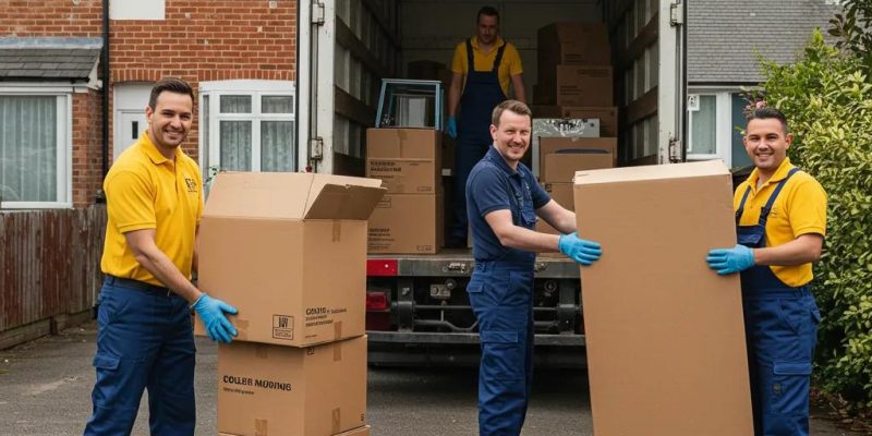 Professional movers packing and loading items into a truck in a UK neighborhood