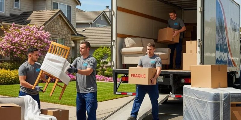 Professional movers packing furniture into a truck in a suburban neighborhood, showcasing efficient relocation services