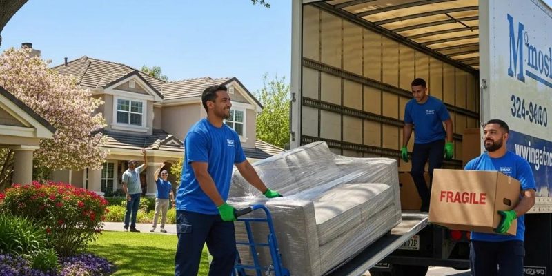 Professional moving team loading furniture into a truck in a suburban neighborhood