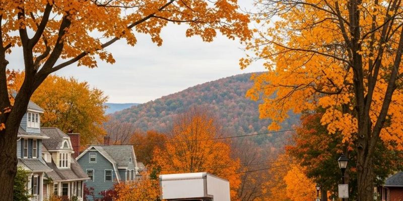 Scenic autumn view of Hudson Valley with a moving truck, representing seasonal moving