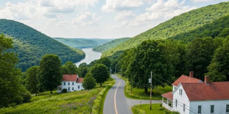 Scenic view of the Hudson Valley with green hills and the Hudson River