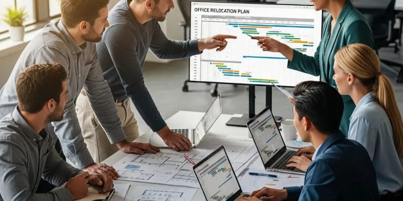 Team collaborating on an office relocation checklist in a professional setting